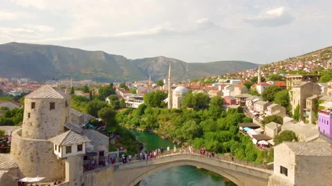 Flight Over Old Bridge To Koski Mehmed Pasha Mosque At The City Of Mostar Stock Footage 162021881
