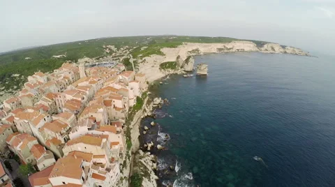 Flight over old city Bonifacio at sunset. Corsica, France. Aerial view. Video stock 47406898
