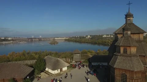 Flight over the old town and the river. Khortytsia Island, Zaporozhye, Ukraine. Stock Footage 143968058