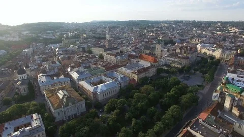 Flight over the old town of Lviv Stock Footage 74717293