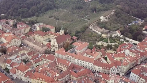 Flight over the old town in Prague. Green park in Prague. (14) Video stock 117236856