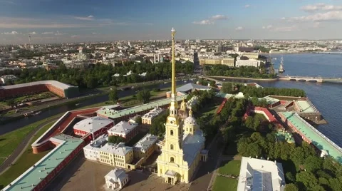 Flight over Peter and Paul fortress. Unique aerial view of St. Petersburg sight Video stock 65425431