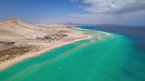 Flight over Playa de la Barca beach, Fuerteventura Stock Footage 266915550