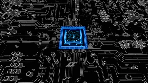 Flight Over Polygonal Circuit Board and Moving Inside CPU Into Digital Data Stock Footage 95117608