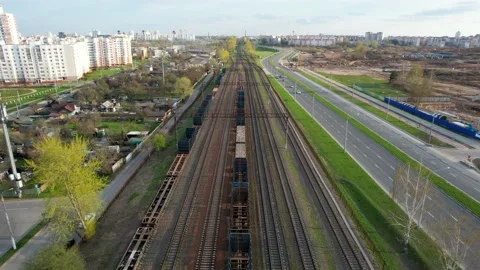 Flight over the railroad. The train rides on the railroad Stock Footage 219507281