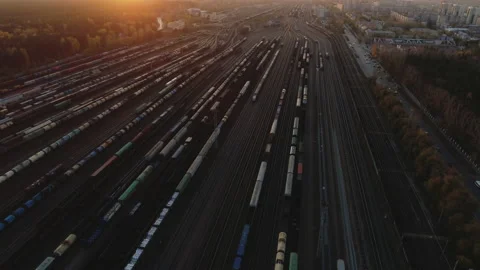 Flight over Railway sorting station. Lots of freight wagons and railway tracks Stock-Footage 194140992