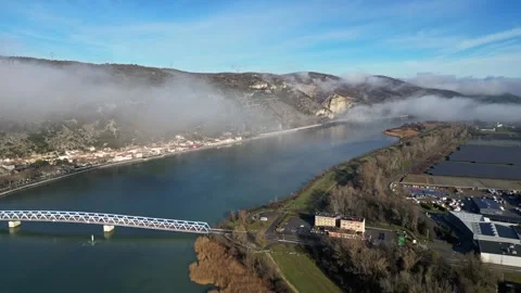 Flight Over the Rhone River in Southern France, with Dense Morning Fog Video stock 300839897