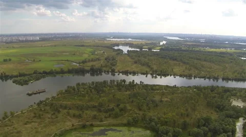  Flight  over  river and fields . Aerial landscape panorama Video stock 43742186
