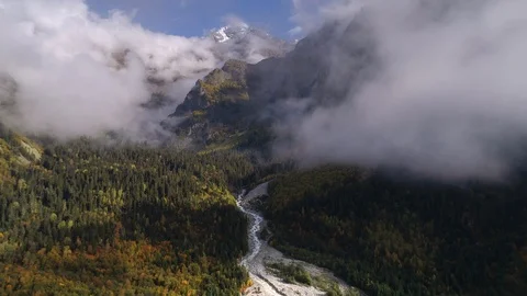 Flight over the River and forest in mountain valley clouds in georgia Stock Footage 99566857