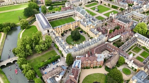 Flight over River Cam punting activity and Trinity College, Cambridge, UK Stock Footage 337159256