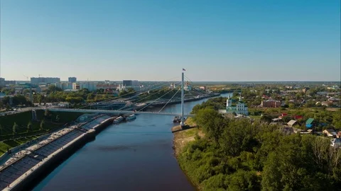 Flight over the river in the city Stock Footage 79774486