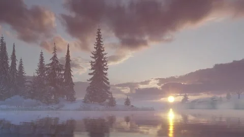 A  flight over the river in the early winter morning Stock-Footage 263605063