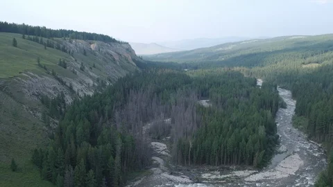 Flight over the river in the forest against the background of mountains 4K Stock Footage 125325080