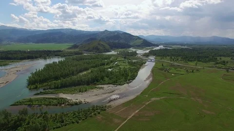 Flight over river Katun in Altai mountains Stock Footage 79710782