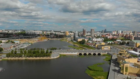 Flight over the river Miass in the center of Chelyabinsk Stock Footage 111025547