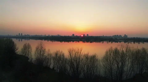 Flight over river  on   red sunset. Aerial shot Stock Footage 49019876