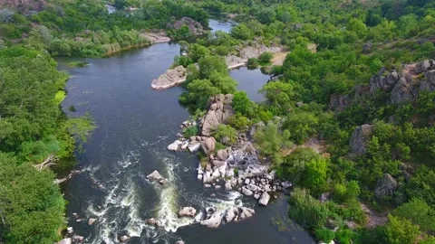 Flight over  river with rocks rapids Stock Footage 82739652