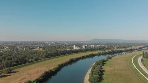 Flight over river Sava with city and hills in background Stock Footage 115729971
