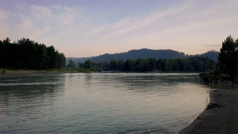 Flight over the river at sunset. Altai Russia Video stock 121346815