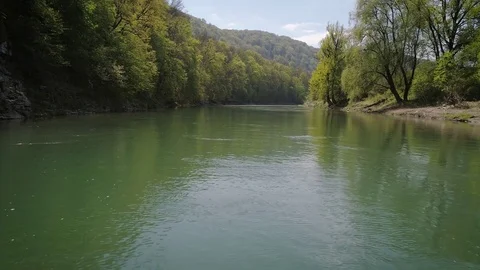 A flight over a river surrounded by a forest 스톡 동영상 75603544