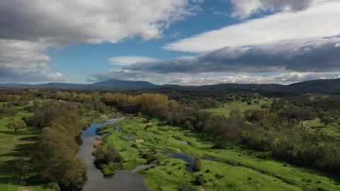 Flight over a river threatening clouds storm 스톡 동영상 245377102