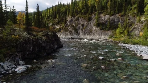 Flight over the river, Ural mountains, Russia Stock Footage 96585792