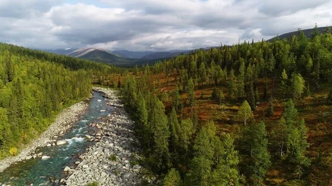 Flight over the river, Ural mountains, Russia Stock Footage 96585795