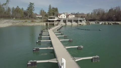 Flight over a river in winter small town harbor 4k 03 Stock Footage 148570238