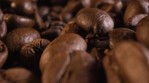 Flight over roasted coffee beans in close-up Stock Footage 124066346