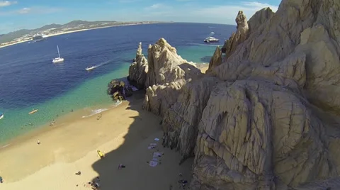 Flight over rock formations in a beach of Cabo 스톡 동영상 38227005