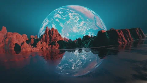 Flight over the rocks and ocean covered alien planet with earth, planet Stock Footage 245844942