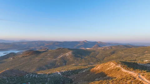 Flight over rolling olive orchards to lake and quintessential Andalusia Stock Footage 266080719