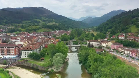 Flight over Roman Bridge in Cangas De Onis, Spain Stock Footage 244813991