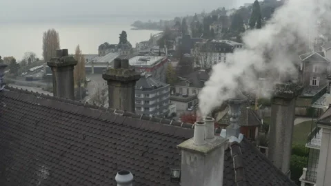 Flight over the rooftops in the old town of Neuchatel Stock Footage 228618745