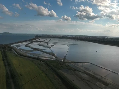 Flight over salt lake in front of burgas city Video stock 76788141