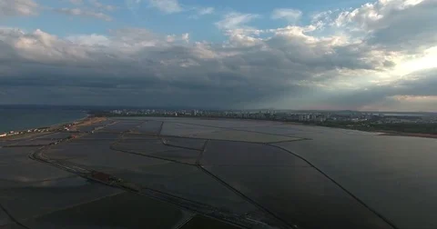 Flight over salt lake in front of burgas city Video stock 76788200