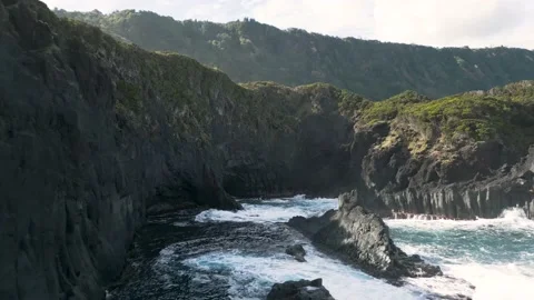 Flight over scenic coast with volcanic rock in São Jorge, Azores Video stock 224720603