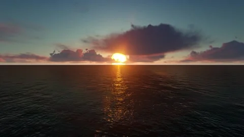 Flight over the sea at dawn.3D Render Stock Footage 220960627