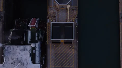 Flight over ships in a lock at sunset Stock Footage 255402803