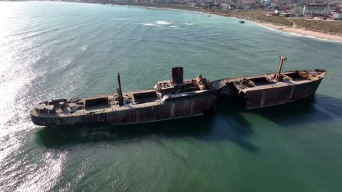 Flight over the shipwreck. 4K Aerial drone shot. A lone old ship wreck Stock Footage 229485778