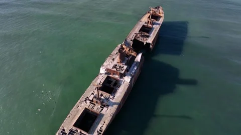 Flight over the shipwreck. 4K Aerial drone shot. A lone old ship wreck Stock Footage 266097751