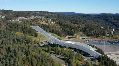 Flight over the ski jumping hill Holmenkollbakken Video stock 127192165