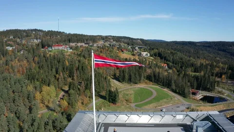 Flight over the ski jumping hill Holmenkollbakken Video stock 127192209