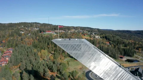 Flight over the ski jumping hill Holmenkollbakken Video stock 127192239