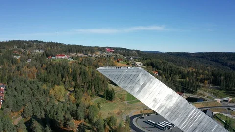 Flight over the ski jumping hill Holmenkollbakken Stock Footage 127192246