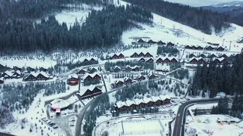 Flight over of the ski run, Carpathians Stock Footage 202317386