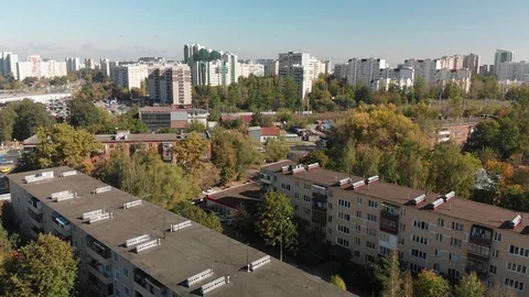 Flight over sleeping area of Zelenograd with old and new houses Stock Footage 95420710