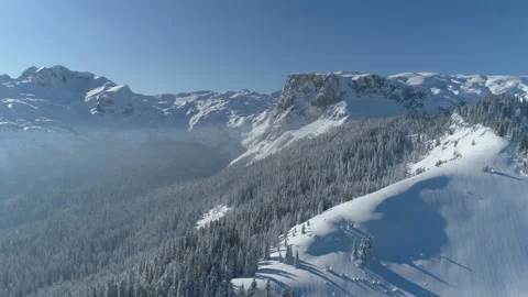 Flight over the snow-covered spruce forest with mountains in the background Stock Footage 147108126