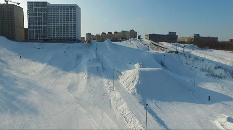 Flight over the snowboard park. springboards Stock Footage 60763559
