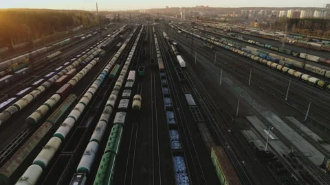 Flight Over The Sorting Railway Station. Lots Of Railroad Tracks. Trains Stock-Footage 186717546